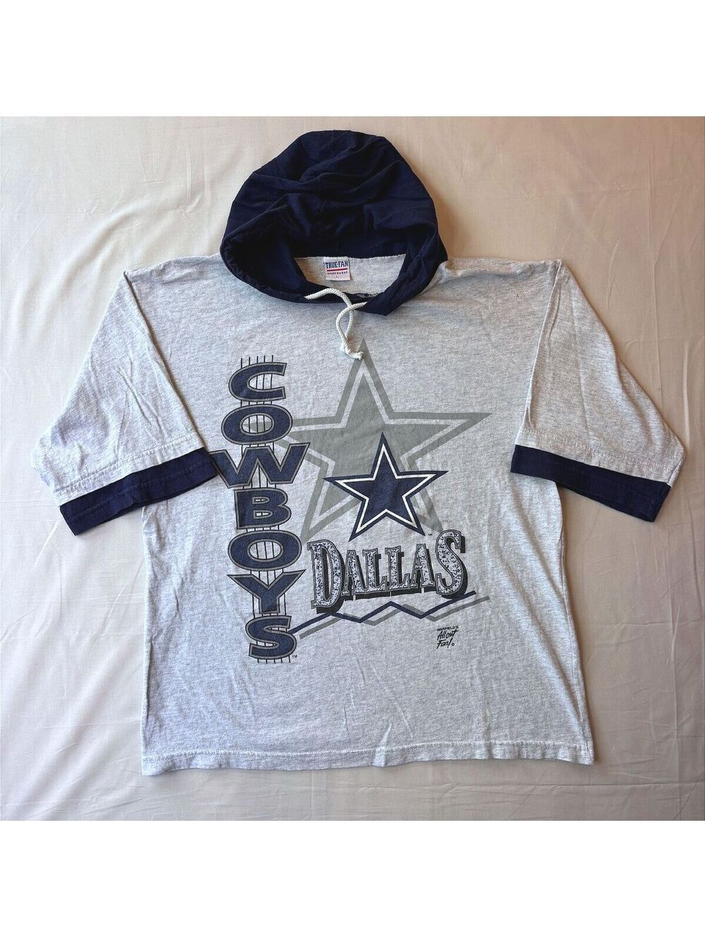 VTG 90s Dallas Cowboys Hooded Ringer T-Shirt Warfield's All Out Fan True Fan NFL
